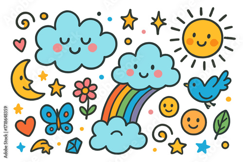 Magical Cloud Whispers. Colorful Hand-drawn doodle Children illustration Magical Cloud Whispers [clouds, rainbow, moon, star, sun,