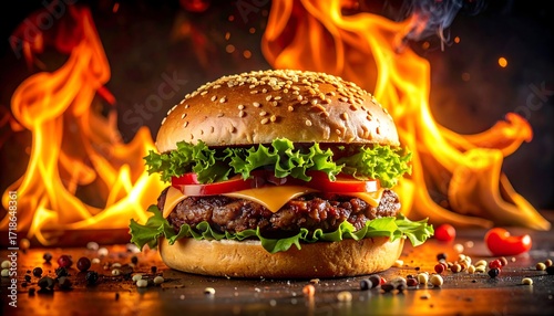 Delicious burger in flames