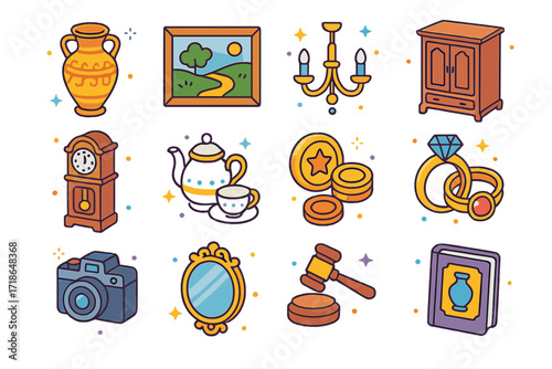 Estate Auction Icons. Colorful isometric vector icons set of estate sale and auction items: antique vase, classic painting,
