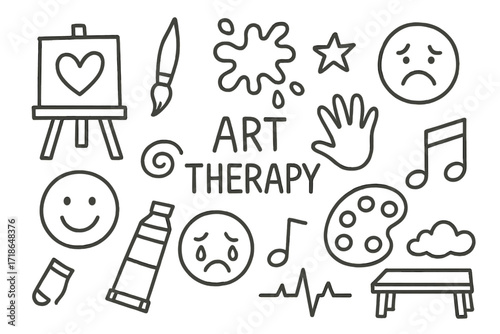Art Therapy Doodles. Hand-drawn doodle illustration Art therapy and emotional release canvas, paintbrush, paint splash, happy face