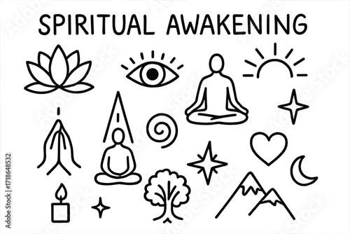 Spiritual Symbols Doodle. Spiritual Awakening. Hand-drawn doodle illustration lotus flower, open eye, sun rays, meditating figure,