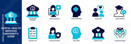 Mental Health Services (University) Blue Colored Outline Icon Set