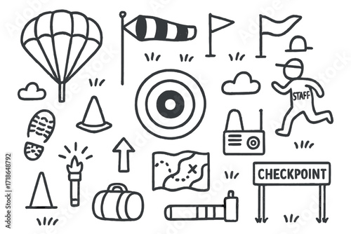 Parachute Landing Doodle. Hand-drawn doodle illustration parachute landing zone parachute, wind sock, flags, target circle, marker