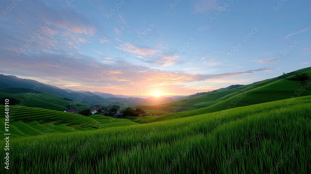 Obraz premium Breathtaking Sunrise Over Lush Green Rice Fields in Serene Landscape with Hills and Clouds