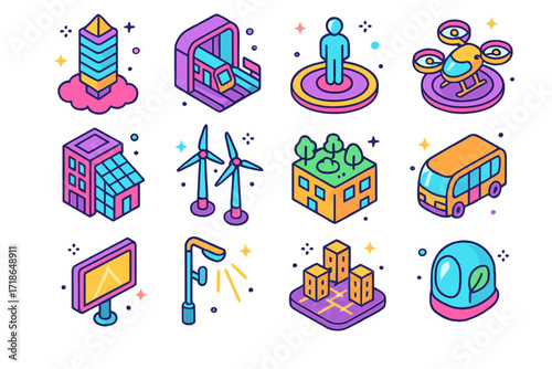 Futuristic City Icons. Colorful isometric vector icons set of Future Cities in VR: floating skyscraper, digital metro station,