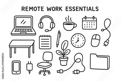 Remote Work Essentials. Hand-drawn doodle illustration Remote work essentials [laptop, headset, coffee cup, notepad, pen, clock,