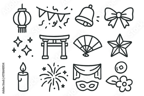 Festival Celebration Icons. Hand-drawn doodle illustration Festival decorations lantern, banner, confetti, bell, ribbon, sparkle,