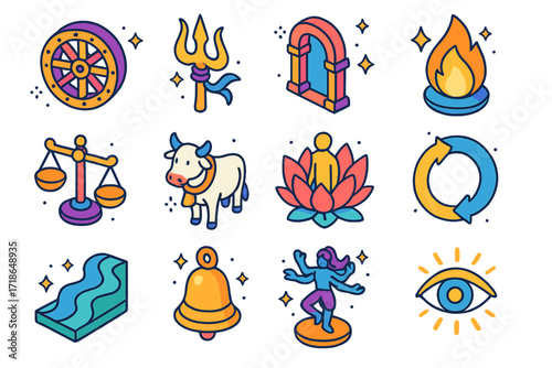 Hindu Afterlife Icons Set. Colorful isometric vector icons set of winter morning windows: fogged glass, hand-drawn smiley on frost