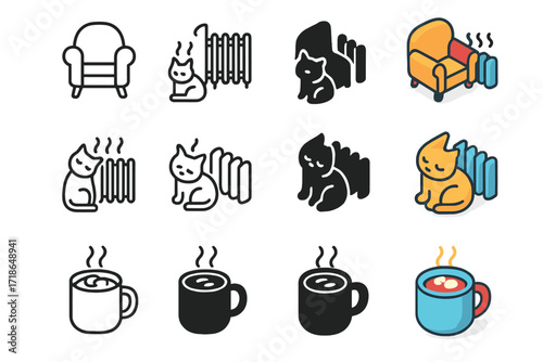 Cozy Corner Icons. Icon Set of Cozy Corners: Armchair by heater, Cat near radiator, Hot cocoa mug. Icons set in vector style,