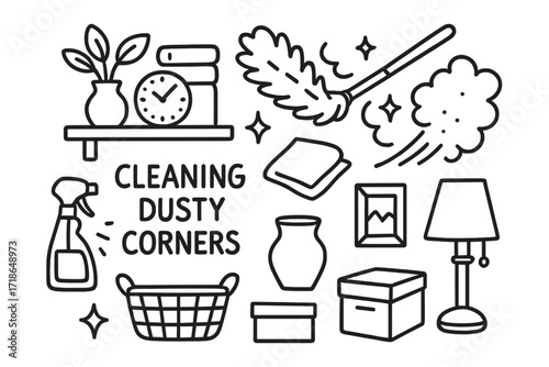 Dusting Doodle Icons. Hand-drawn doodle illustration Cleaning dusty corners [shelf, feather duster, dust cloud, sparkle, star,