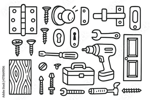 Door Hardware Doodles. Hand-drawn doodle illustration Interior door hardware hinge, doorknob, latch, strike plate, screws, keyhole