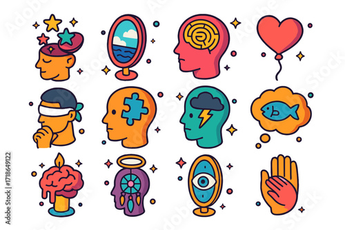Isometric Subconscious Icons. Colorful isometric vector icons set of subconscious metaphors: open head with stars, mirror showing