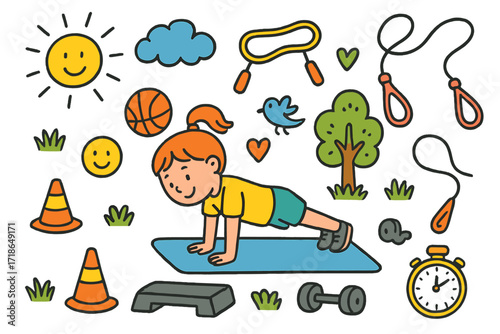 Children's Fitness Doodle. Colorful Hand-drawn doodle Children illustration fitness training push-up mat, resistance band, ball,