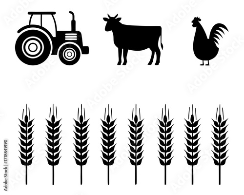 Vector silhouettes of tractor, cow, rooster and wheat crops