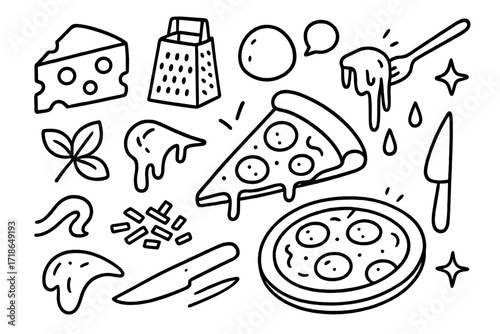 Cheese Doodle Icons. Hand-drawn doodle illustration Cheesy pizza topping cheese wedge, grater, mozzarella ball, shredded cheese,
