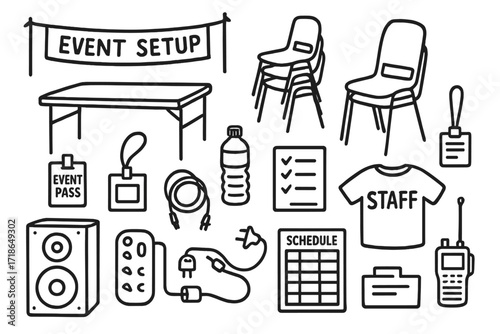 Event Setup Essentials. Hand-drawn doodle illustration Event setup behind the scenes table, stack of chairs, event pass, water