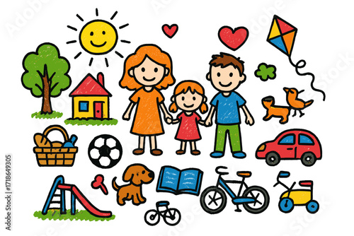 Family Picnic Fun. Family time. Colorful Hand-drawn doodle Children illustration parents, child, house, tree, sun, picnic basket,