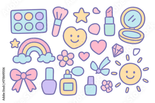 Playful Makeup Doodles. Colorful Hand-drawn doodle Children illustration Pastel Makeup Palette [soft colors palette, brush,