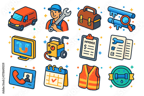 Plumbing Services Icons. Colorful isometric vector icons set of professional plumbing services: plumber van, plumber with wrench,