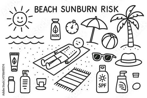 Beach Sun Safety Doodles. Hand-drawn doodle illustration Beach sunburn risk [sun, waves, sand, person lying down, sunburn lines,