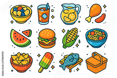 Isometric Summer Feast Icons. Summer feast. Colorful isometric vector icons set of summer feast: fruit salad, iced tea glass,