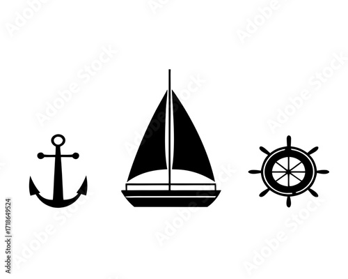nautical symbols set with anchor, sailboat and ship wheel silhouette