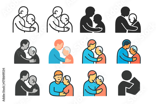 Elderly Care Logos. Set Logo of Elderly Care and Support: Supportive hug. Logo set in vector style, emblematic variations. line, bold thick line, solid black