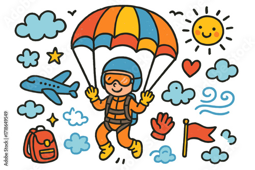Parachutist's Colorful Adventure. Parachutist. Colorful Hand-drawn doodle Children illustration parachute, person, helmet, goggles, clouds, star, heart,