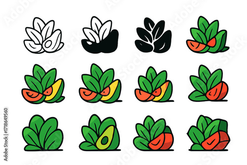 Colorful Salad Logo Set. Set Logo of preparing a fresh salad with avocado, tomatoes, and greens: Fresh greens pile. Logo set in vector style, emblematic