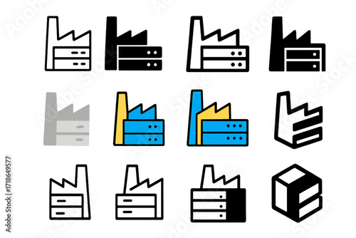 Factory Automation Logo Grid. Set Logo of Factory automation system: Factory server rack node. Logo set in vector style, emblematic variations. line, bold