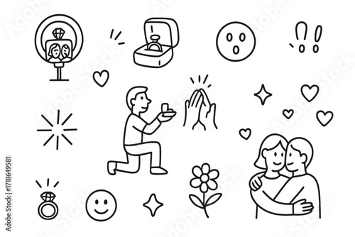 Surprise Proposal Doodle. Hand-drawn doodle illustration proposal selfie ring box, surprised face, phone camera, kneeling figure, heart sparkles, hands