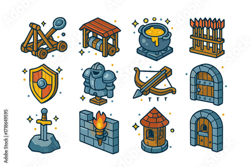 Colorful Castle Defense Icons. Colorful isometric vector icons set of Castle defense and weapons: catapult, battering ram, boiling