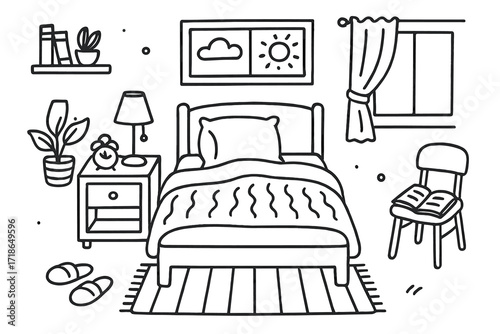 Cozy Bedroom Doodle. Cozy bedroom. Hand-drawn doodle illustration cozy bedroom bed, pillow, blanket, lamp, nightstand, alarm clock, rug, chair, book, window,