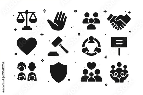 Icons of Fairness. Fairness. Solid icons set of balanced scale, open hand, group of people, handshake, heart, justice hammer, inclusive circle, equality