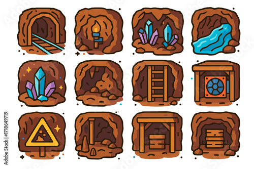 Colorful Mine Icons. Colorful isometric vector icons set of underground mine scenes: tunnel with rails, torch-lit cave, elevator