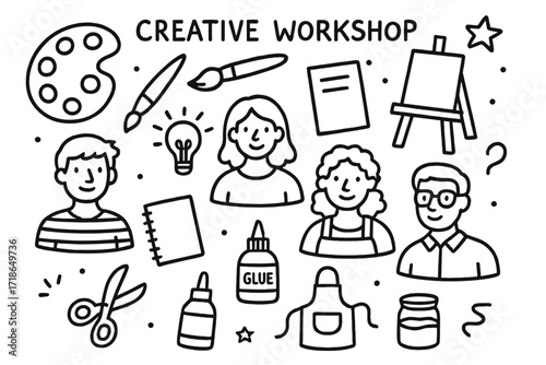 Creative Workshop Doodles. Creative Workshop. Hand-drawn doodle illustration group of people, paint palette, brush, easel, notebook, scissors, glue, light