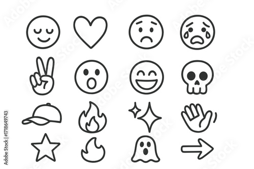 Digital Doodle Expressions. Digital expressions. Hand-drawn doodle illustration digital expressions emoji face, heart, peace sign, crying face, shocked face,