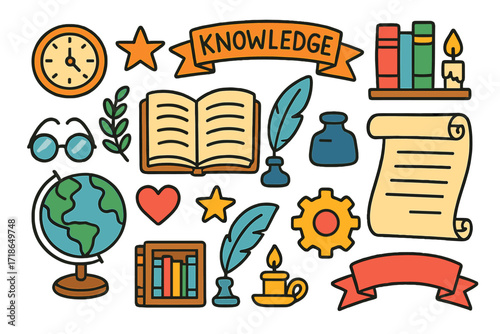 Colorful Knowledge Icons. Knowledge. Colorful Hand-drawn doodle Children illustration globe, open book, feather quill, ink bottle, scroll, star, heart,