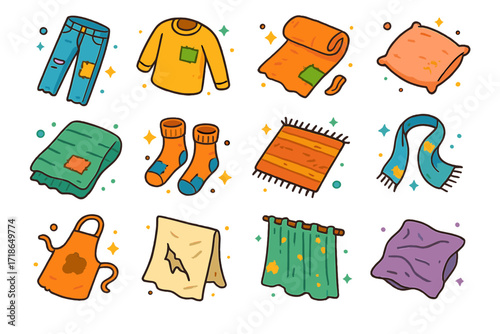 Colorful Fabric Icons. Old fabrics. Colorful isometric vector icons set of old fabrics: frayed jeans, patched shirt, worn-out towel, faded pillowcase, torn
