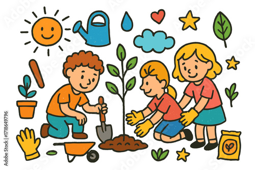 Tree Planting Doodle. Tree planting. Colorful Hand-drawn doodle Children illustration tree sapling, shovel, watering can, gloves, droplet, sun, cloud, potted