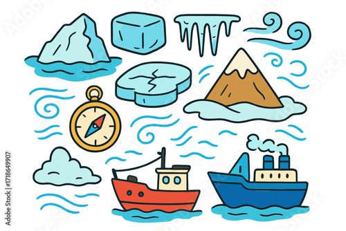 Colorful Iceberg Adventure. Icebergs. Colorful Hand-drawn doodle Children illustration icebergs glacier, ice block, floating ice,