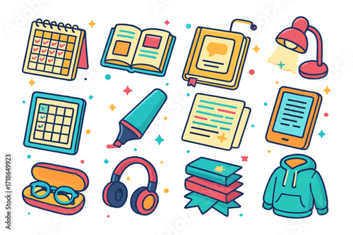 Colorful Reading Icons. Colorful isometric vector icons set of reading habits: daily reading tracker, sticky notes in book, book