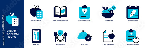 Dietary Planning Blue Colored Outline Icon Set