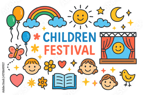 Festival Doodle Art. Colorful Hand-drawn doodle Children illustration Billboard Festival billboard, stage, balloons, rainbow, sun,