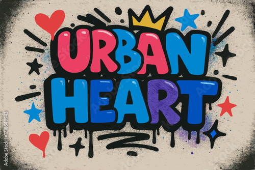 Vibrant Urban Graffiti. Urban Heart ? Graffiti Simplified style, tilted thick bubble/block letters with dripping outlines, flat spray fills, hearts, stars, and