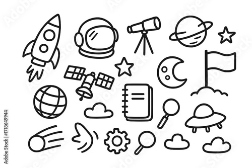 Space Exploration Doodles. Hand-drawn doodle illustration Space explorers [rocket, astronaut helmet, telescope, star, planet, moon, satellite, globe, notebook,