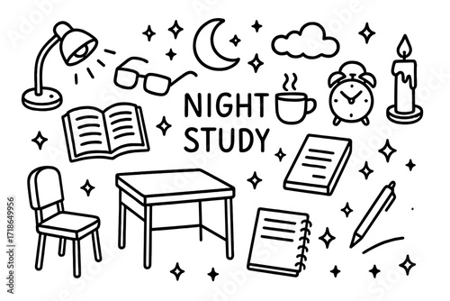 Night Study Icons. Hand-drawn doodle illustration Night study [lamp, book, glasses, cup, clock, notebook, pen, moon, stars, candle, paper, desk, chair,