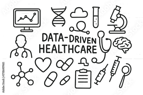 Data-Driven Healthcare Doodles. Hand-drawn doodle illustration Data-driven healthcare [computer, chart, cloud, DNA helix, test tube, microscope, doctor