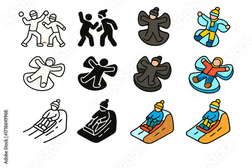 Playful Snow Icon Set. Icon Set of Snow play: snowball fight, angel in snow, sledding hill. Icons set in vector style, emblematic
