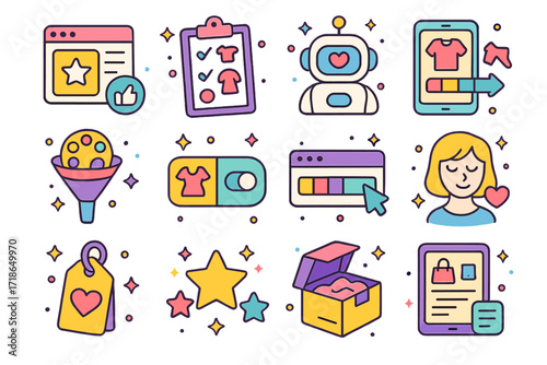 Colorful Shopping Icons Grid. Colorful isometric vector icons set of shopping personalization features: recommended for you tab,